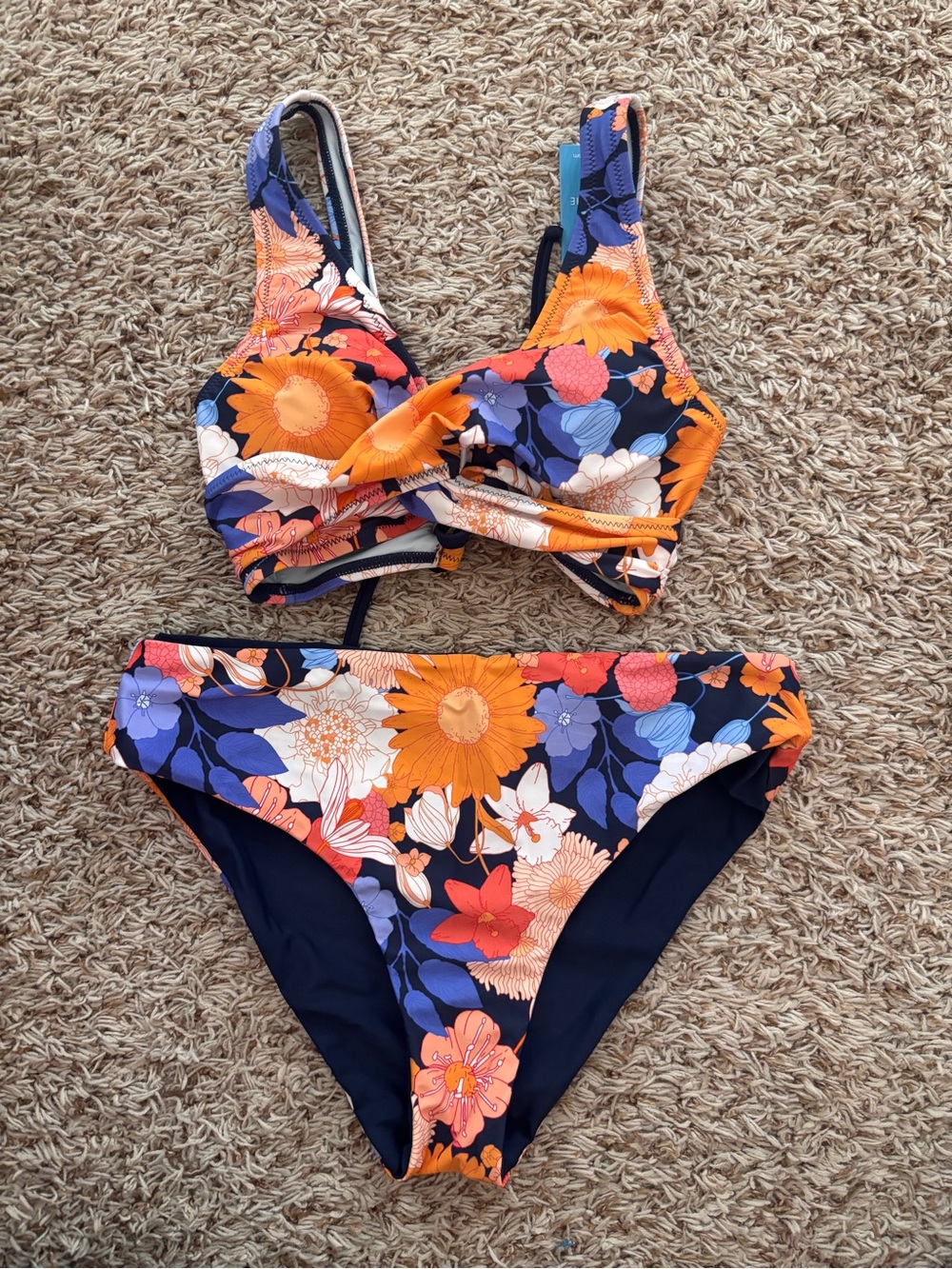 Cupshe Navy Floral Underwire Bikini Set with Orange & Blue Blooms